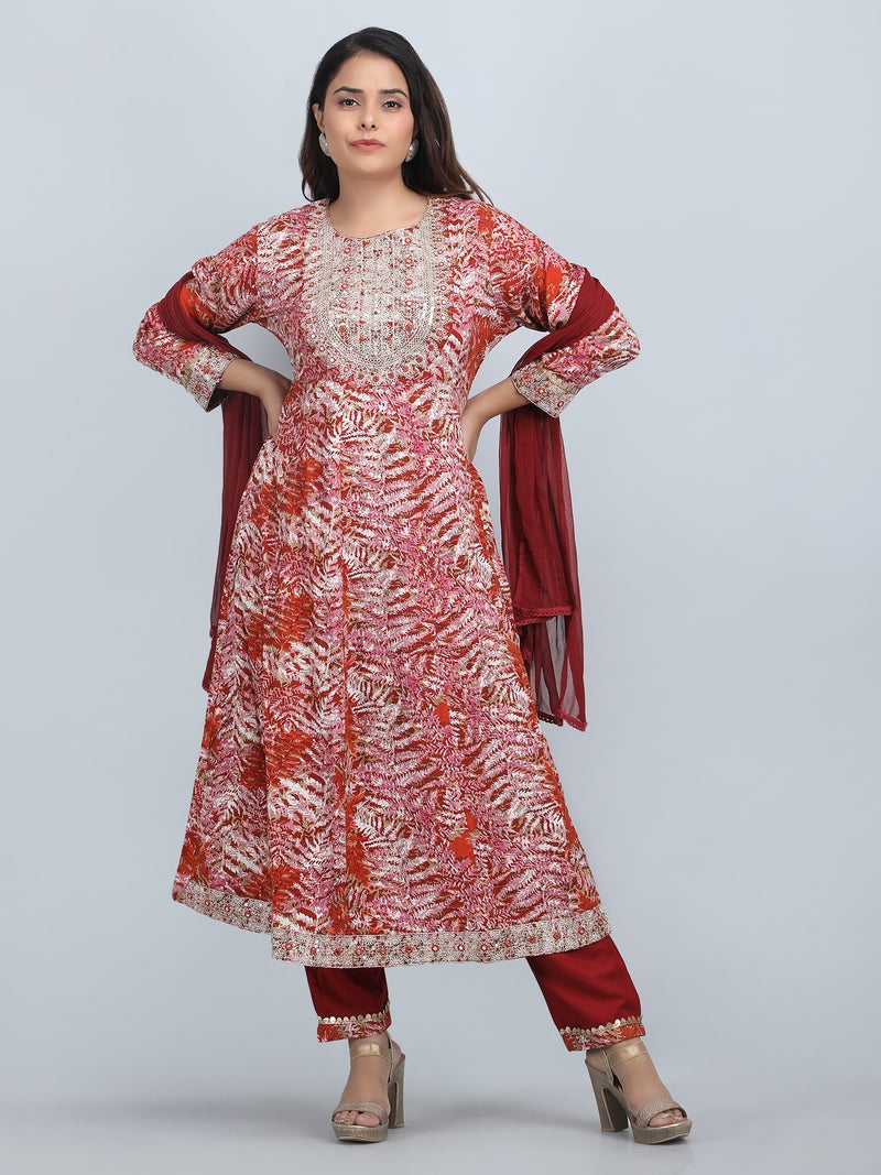 Shifory Floral Print Maroon Anarkali Kurti Pant & Dupatta Set for Women - Image 1